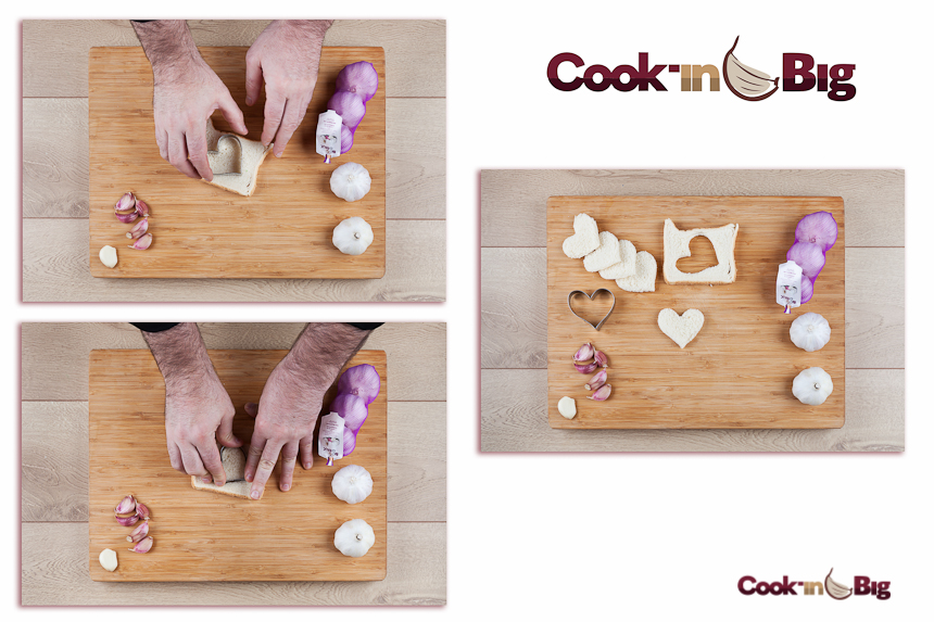 Corazones Tostados con Miel, Nata y Ajo Morado.