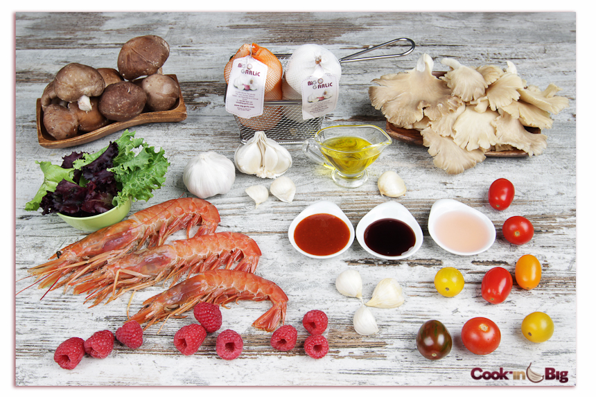 Ensalada de Gambas, Setas, Frambuesas y Ajo Spring Blanco