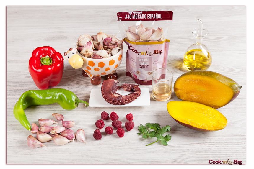 Ingredientes Ensalada de Pulpo con Mango y Ajo Morado.