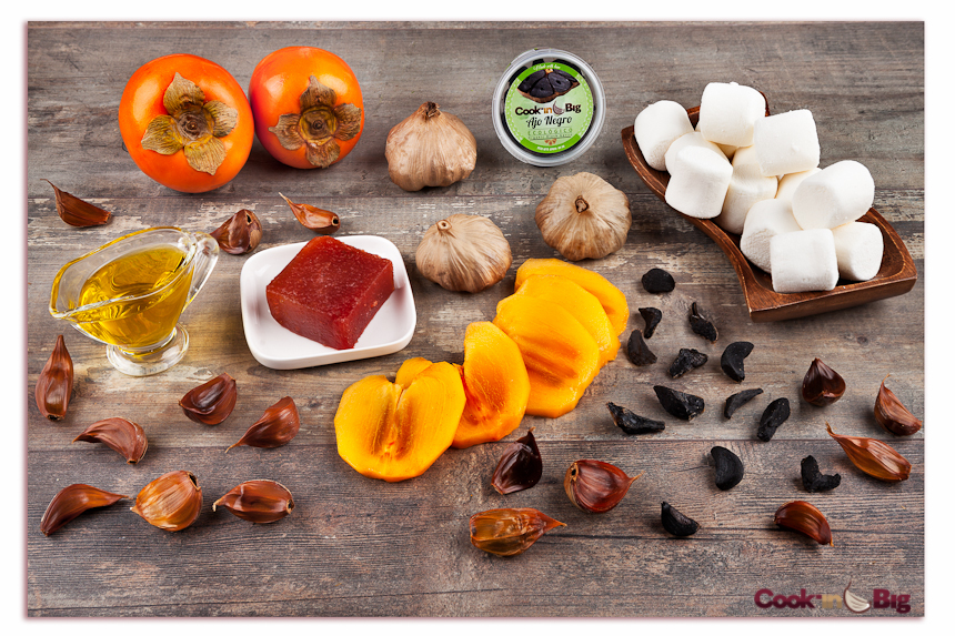 Ingredientes Nubes con Caqui, Membrillo y Ajo Negro.