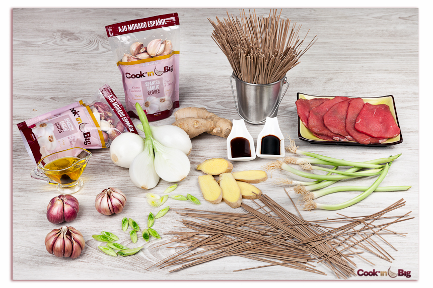 Ingredientes Pasta Soba con Carne de Tudanca y Ajo Morado.