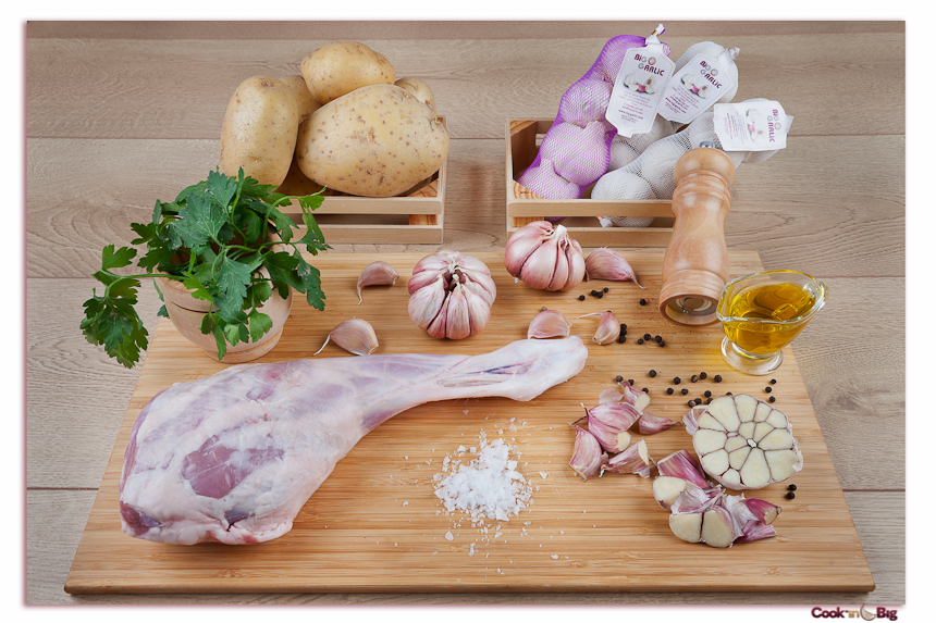 Ingredientes Pierna de Cordero Asada con Ajo Morado y Patatas al Horno.