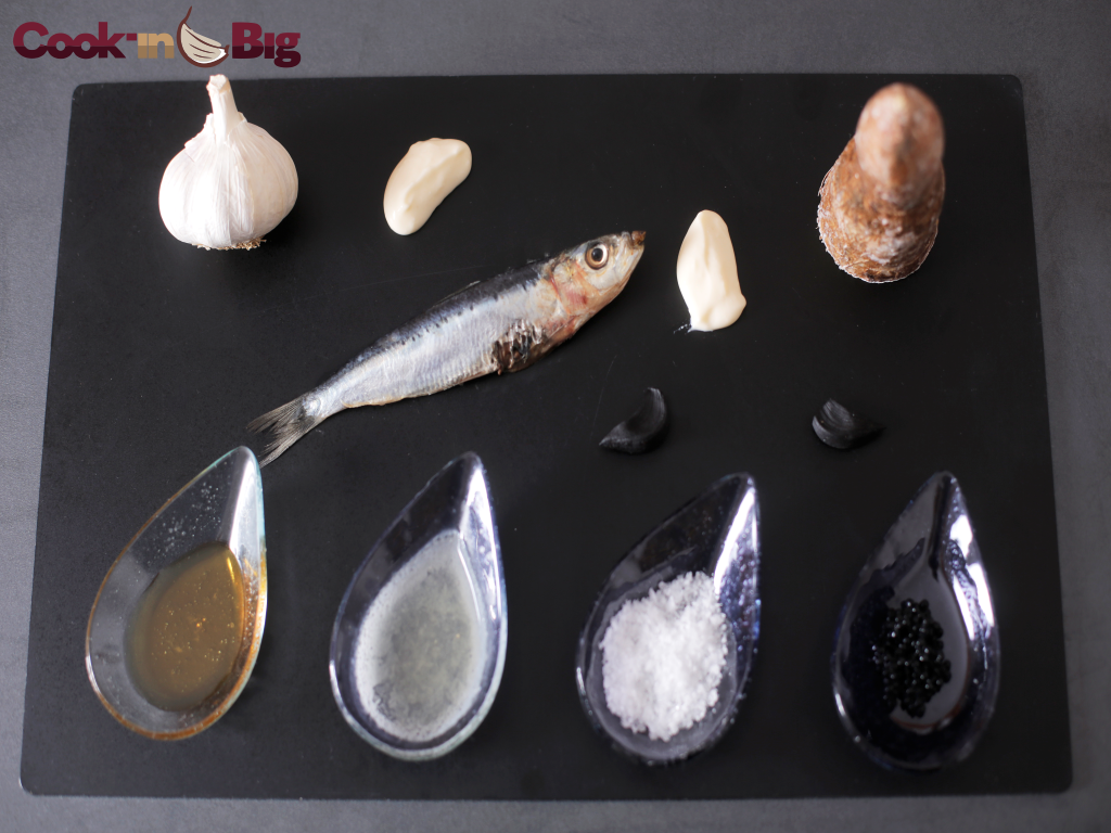Ingredientes Receta Sardina Marinada con all i oli, Yuca y Ajo Negro