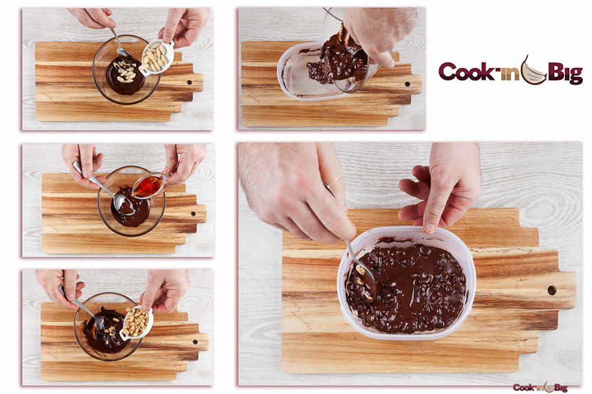 Tabletas Crujientes de Cacao, Almendras, Arroz Inflado y Ajo Negro.